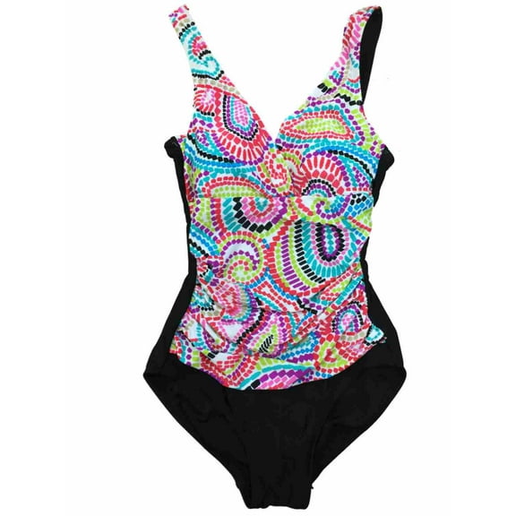 Womens Red Purple & Green Mosaic Paisley Print Bathing 1 Piece Swimming Suit 8