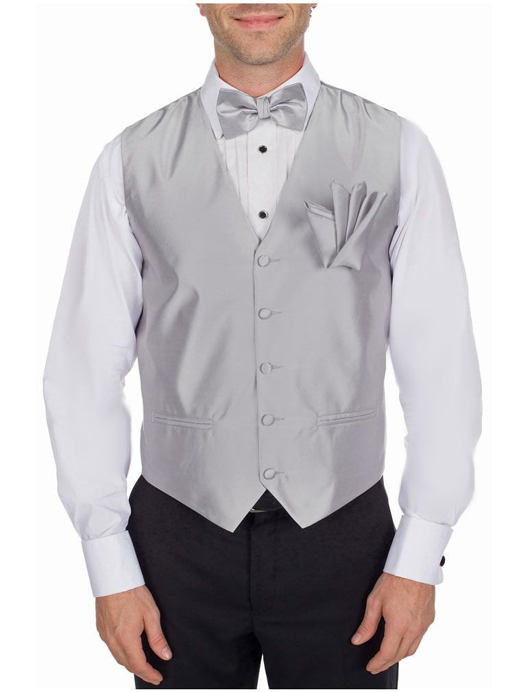 New Men's Silver formal vest Tuxedo Waistcoat self tie bow tie and hankie set 