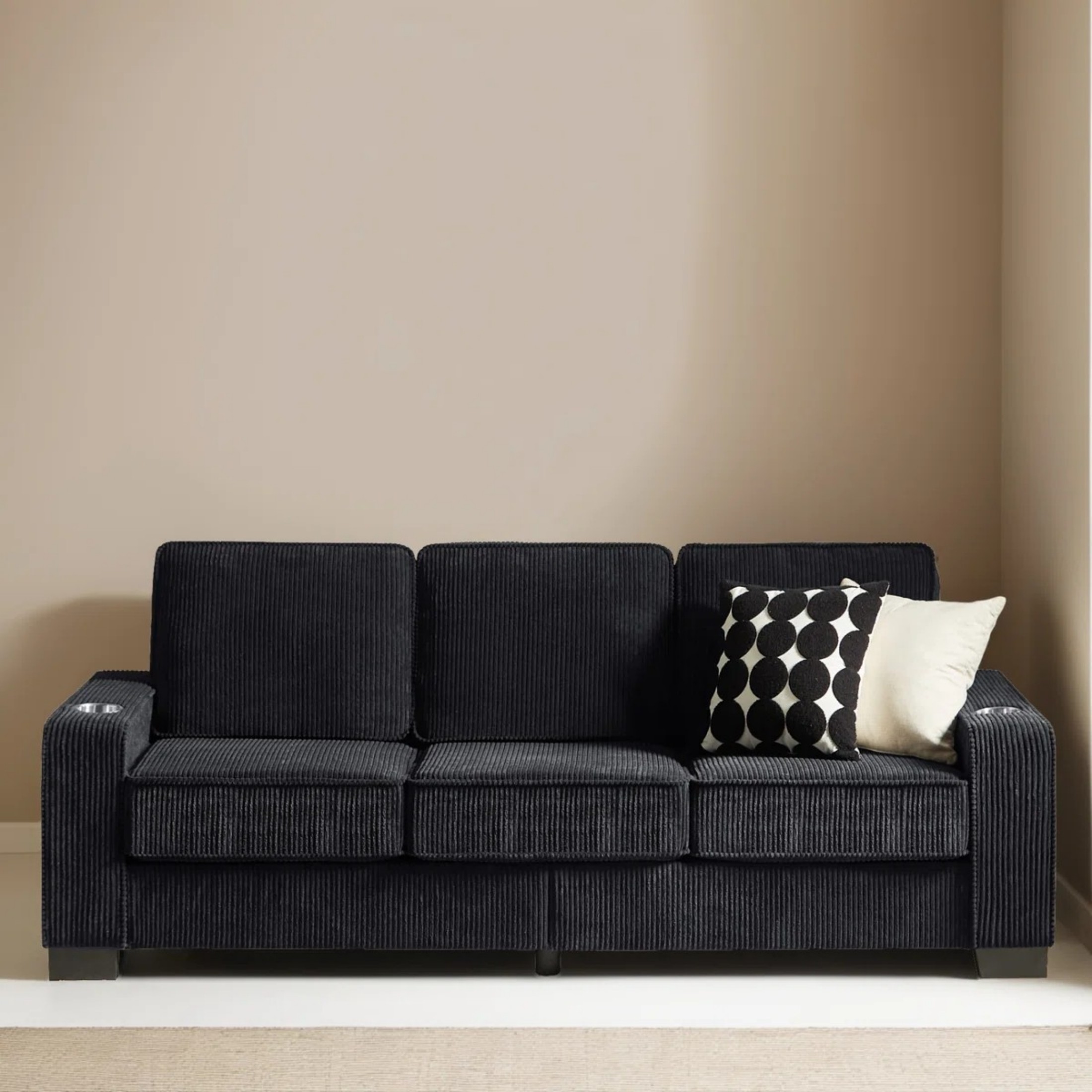 Aukfa 84" Corduroy Sofa with Cup Holders, Modern 3-Seater Couch for Living Room Office, Black