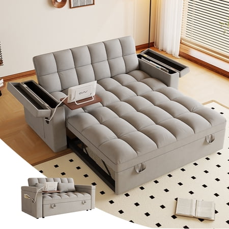 LITVZ 3 in 1 Convertible Sleeper Sofa, 65in Sleeper Couch with Pull Out Bed, Oversized Loveseat Futon Sofa Hide-A-Bed w/Adjustable Backrest, Storage Armrests and Laptop Table for Living Room