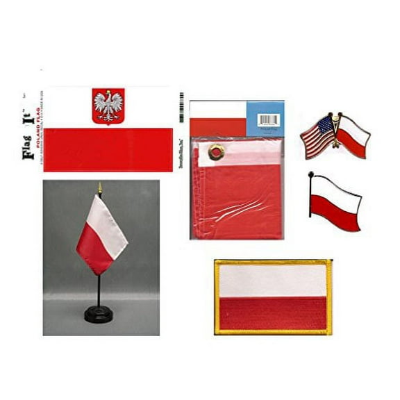Poland Heritage Flag Pack - Includes a Polish 3x5' Flag, Vinyl Flag Decal, One Single & One Double Friendship Flag Lapel Pin, Miniature Desk Flag with Stand & One Iron-On Flag Patch