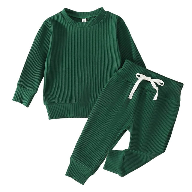 Hfolob Girls Outfit Toddler Girls Boys Winter Long Sleeve Ribbed Solid Color Tops Pants 2Pcs Outfits Clothes Set