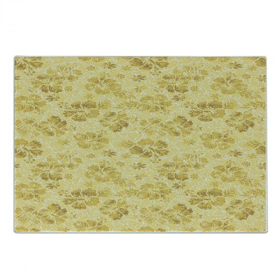 Hawaiian Cutting Board, Hibiscus Flowers Pattern Grunge Tropical Beach Theme in Hawaii Nature Picture, Decorative Tempered Glass Cutting and Serving Board, Small Size, Yellow White, by Ambesonne