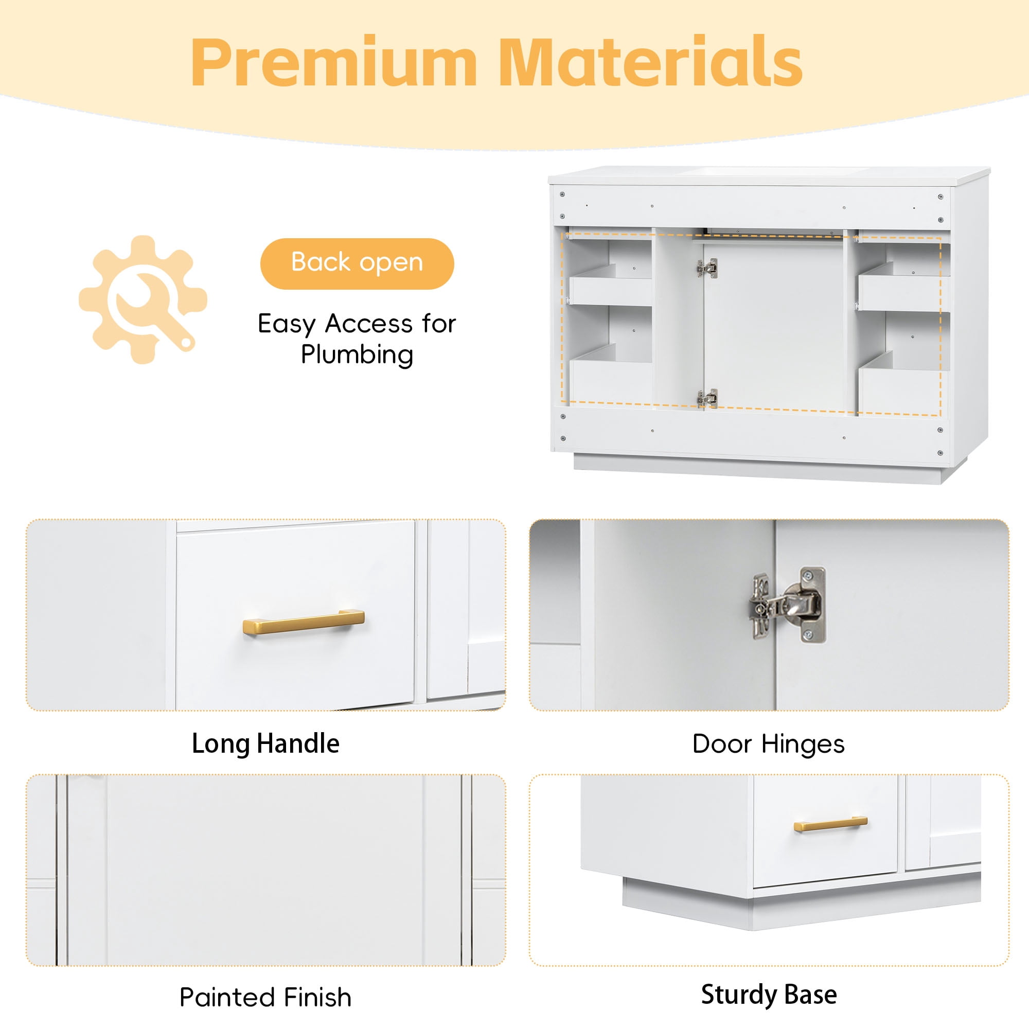 48" Bathroom Vanity without Sink, Cabinet Base Only, Bathroom Cabinet with 6 Pull-Out Drawers, 1 Tip-Out Drawer and 1 Door, Soft-close Hinges, Smooth Painted Finish, Sturdy Construction, White