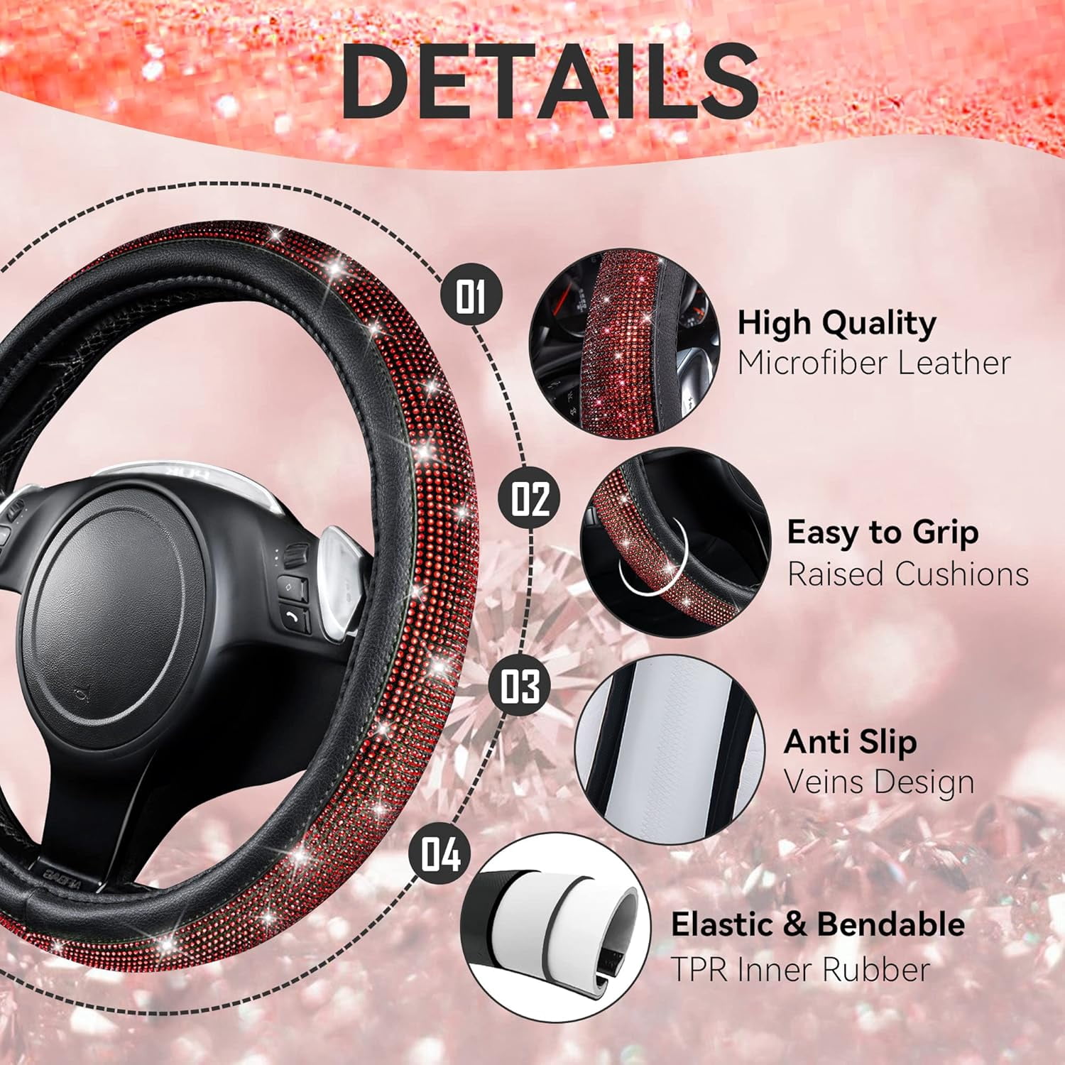 GUANGHUI 11 PCS Bling Car Accessories, Sparkly Rhinestone Diamond Steering Wheel Cover, Bling Seat Belt Cushion, Glitter Shift Knob Cover, Car Cup Holder Coaster, Cute Interior Sets Red