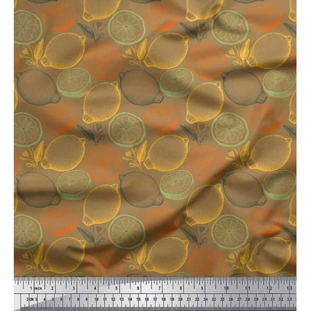 Soimoi Brown Moss Georgette Fabric Lemon Slice Vegetable Fabric Prints By Yard 42 Inch Wide