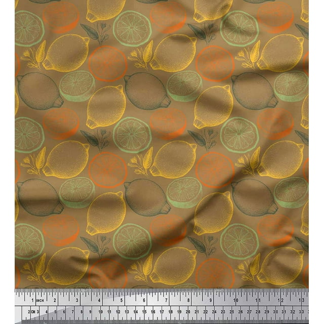 Soimoi Brown Rayon Crepe Fabric Lemon Slice Vegetable Printed Fabric 1 Yard 46 Inch Wide