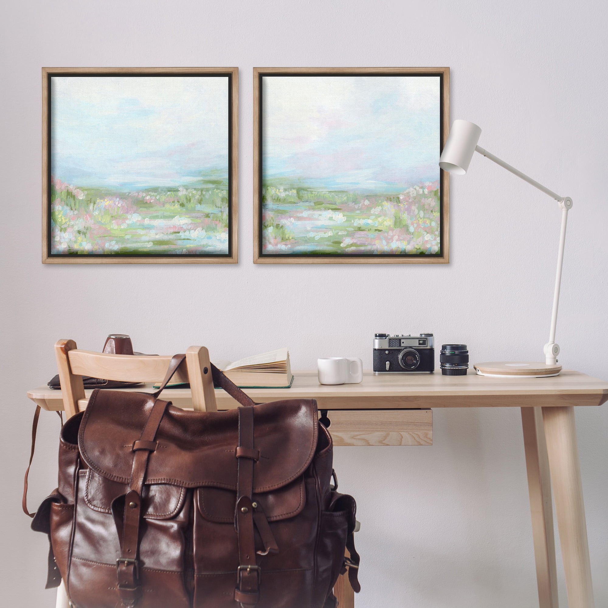 Stupell Industries Pastel Abstract Spring Field Landscape & Nature Painting Brown Floater Framed Canvas Art Print Wall Art, 25 x 25, Set of 2