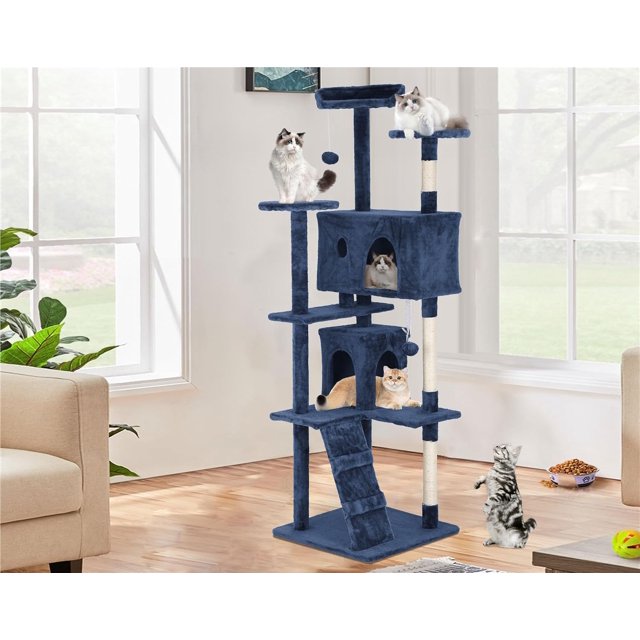 ZYPPPA Duty Cat Tree Tower, 70" Tall Cat Tower for Indoor Cats with Cat Scratching Post with Bed, Cat Condo, Hanging Ball, Multi-Level Cat Climbing Tower Cat Trees Furniture-Navy Blue-1