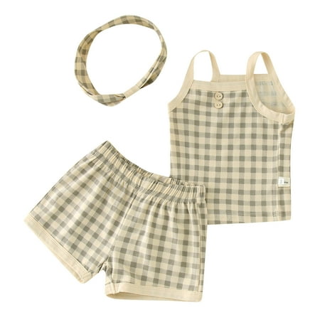 

Baby Girls Boys Sleeveless Plaid Strap Vest T Shirt Tops Shorts Headband 3PCS Outfits Clothes Set For 3-6 Months