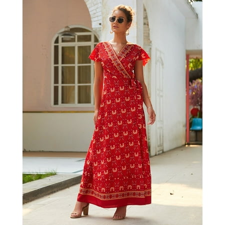 

✪ Women Ladies Boho Floral Print V Neck Holiday Short Sleeve Split Summer Beach Ma