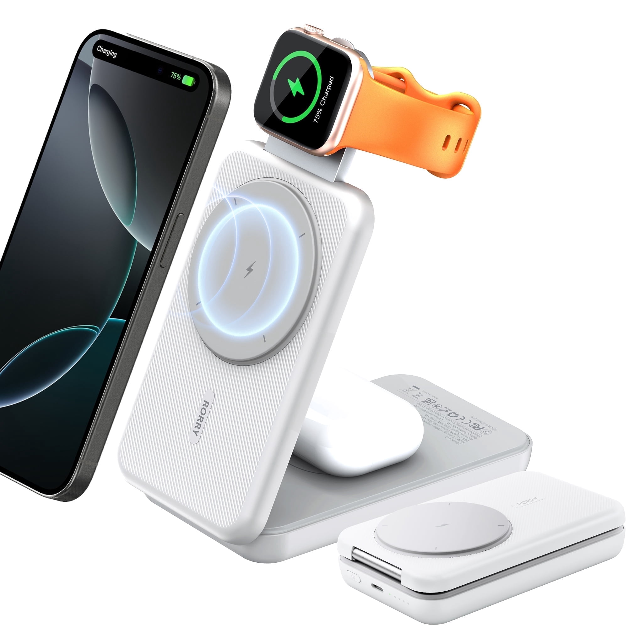 RORRY Magnetic Portable Chrager , 10000mAh Power Bank 3-in-1  Wireless Charger, Foldable Battery Pack for iPhone, Apple Watch,  AirPods, Samsung,White