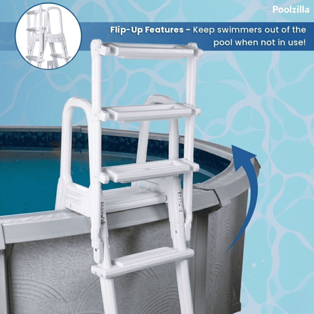 Poolzilla Pool Step Ladder for Above Ground Pools - A-Frame Flip Up Ladder w/Non Skid Platform - for 48’’ to 54’’ in. Above Ground Pools