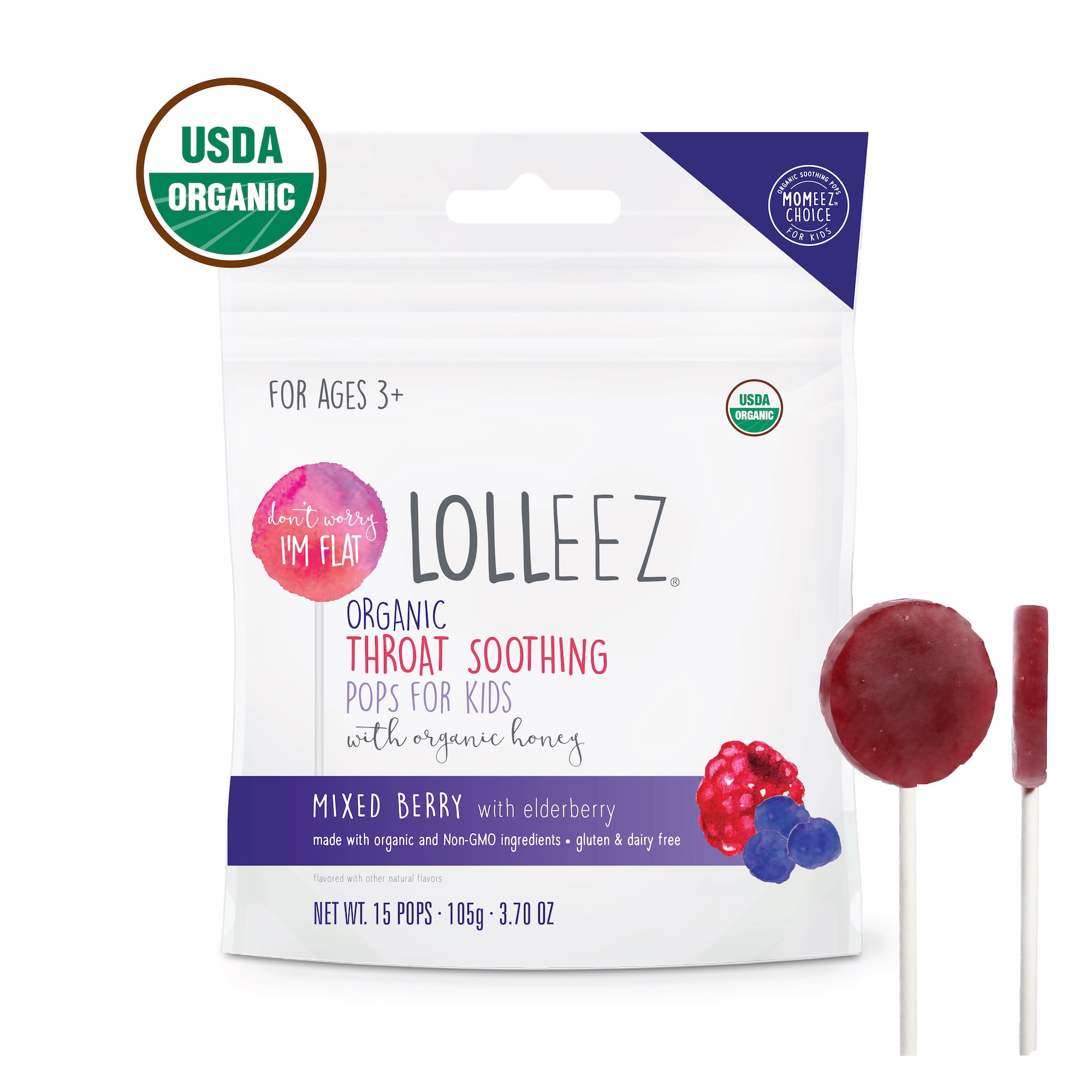 Lolleez Organic Throat Soothing Pops for Kids, Mixed Berry, 15ct