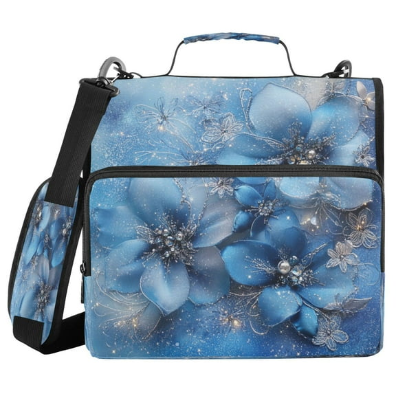 Water-Resistant 3-Ring Binder Organizer with Multiple Pockets Zipper Binder Bag for Office Three Large Blue Flowers