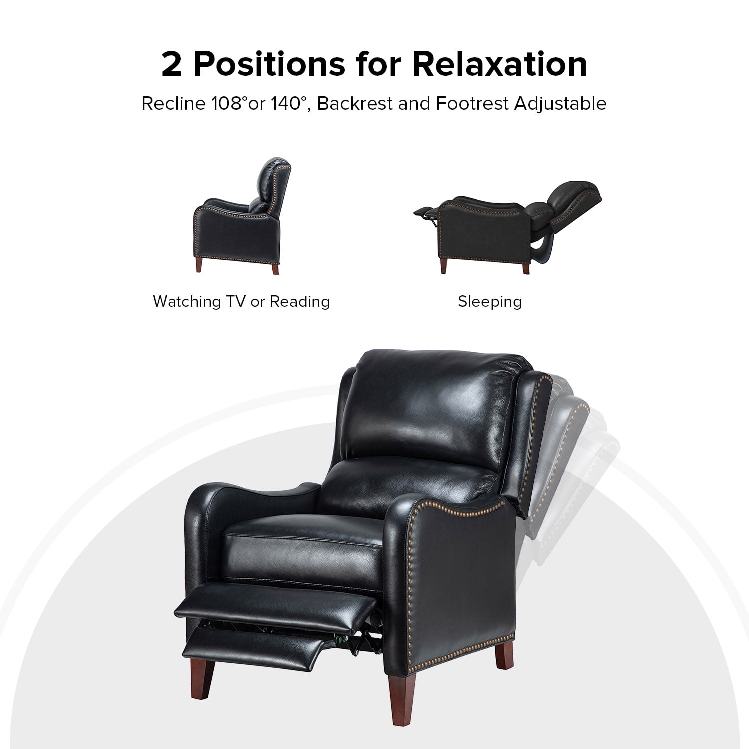 Genuine Leather Recliner Chair Push Back Wingback Set of 2 with Nailhead Trim for Living Room Bedroom Black
