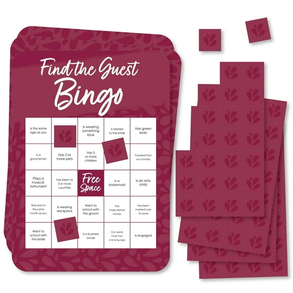 Big Dot of Happiness Burgundy Elegantly Simple - Find the Guest Bingo Cards and Markers - Wedding & Bridal Shower Bingo Game Set of 18
