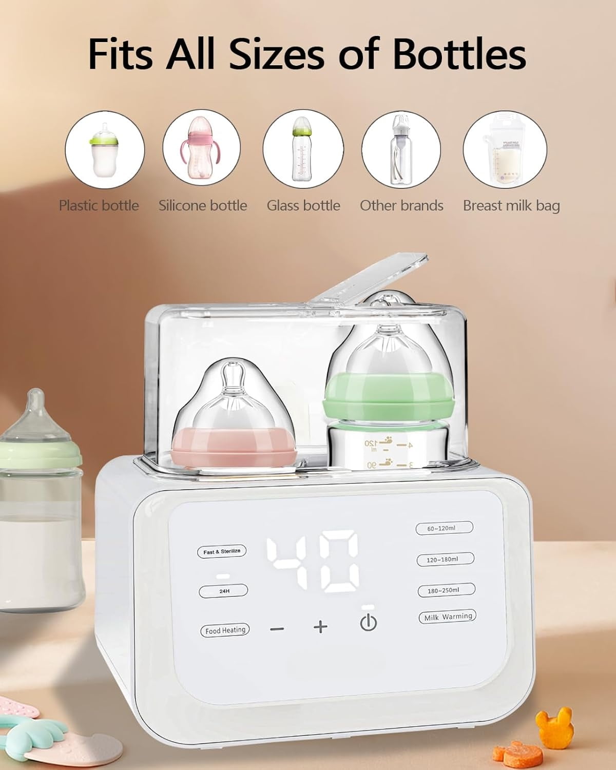 Baby Bottle Warmer, 8-in-1 Fast Milk Warmer for Breastmilk or Formula with Timer, 24H Constant Warming, with Defrost, Heat Baby Food Jars, Sterili-zing Function, Accurate Temp Control, Fits 2 Bottles