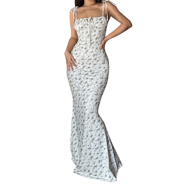 Honganda Women's Spaghetti Strap Dresses Drawstring Design Floral Print Slim Fit Long Bodycon Dresses Perfect for Summer Spring