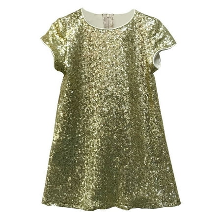 Petite Adele Girls Gold Sparkle Sequin Katy Short Sleeve Shift Party Dress