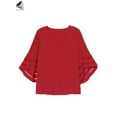 thumbnail image 3 of PULLIMORE Womens Casual V Neck Blouse Plus Size Bell Sleeve Mesh Panel Shirt Tops (M, Wine Red), 3 of 9