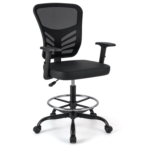 Giantex Mesh Drafting Chair, Comfortable Office Chair w/Adjustable Armrests, Foot-Ring & Padded Cushion, Black