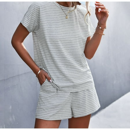 

HIBRO Women s Summer Short Sleeve Striped Jumpsuit Rompers With Pockets Short Pant Rompers Pajamas Loungewear