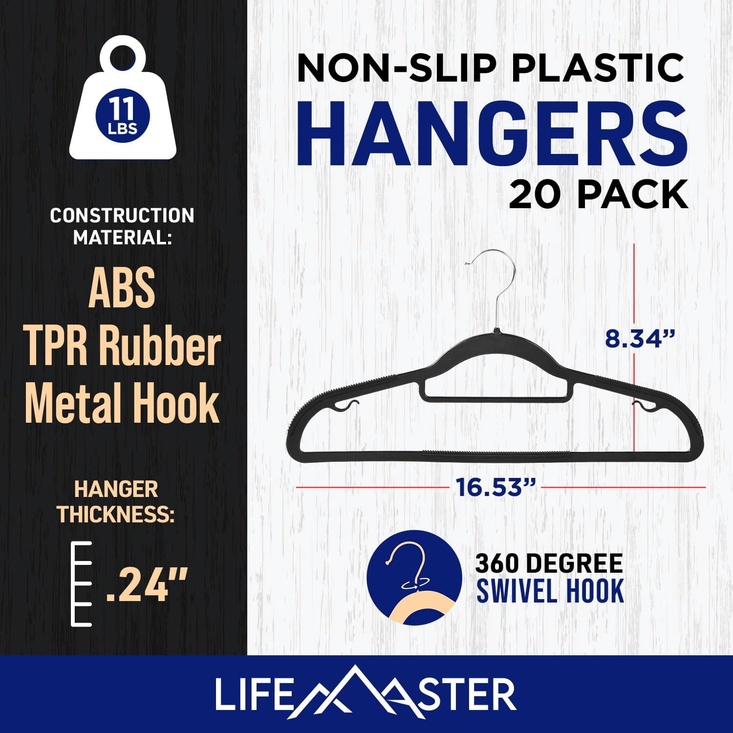 Lifemaster 20 Pcs. Dry Wet Clothes Hangers - Heavy Duty Coat Hanger Set with 360° Swivel Hook, Non-Slip, Space-Saving, Sleek Design - Accessory Tie Bar, Smart Strap Hooks, Non-Slip Pants Bar (Black)