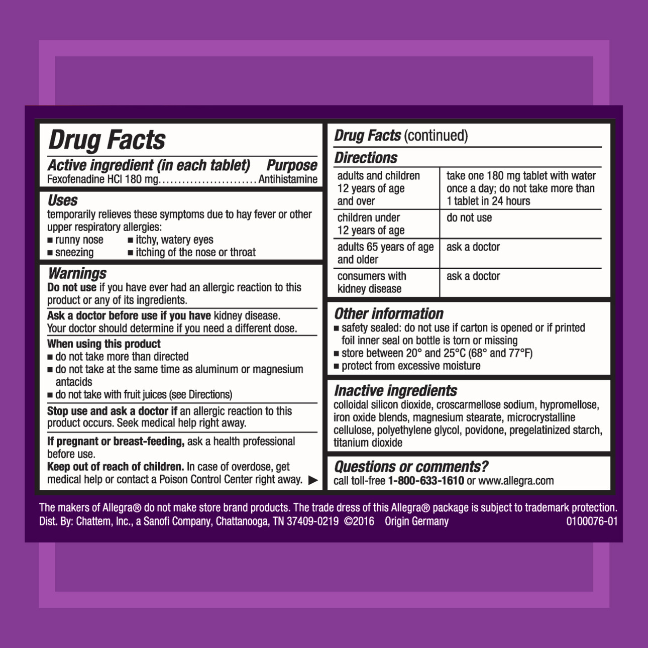 Allegra 24 Hour Non-Drowsy Antihistamine Allergy Relief Medicine, 180 mg Fexofenadine Tablets, 45 Ct - image 2 of 6