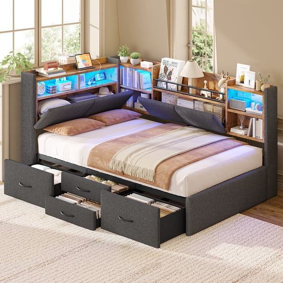 Twin Corner Upholstered Daybed with Bookcase Headboard, 4 Storage Drawers, LED Lights, Charging Station, Gray