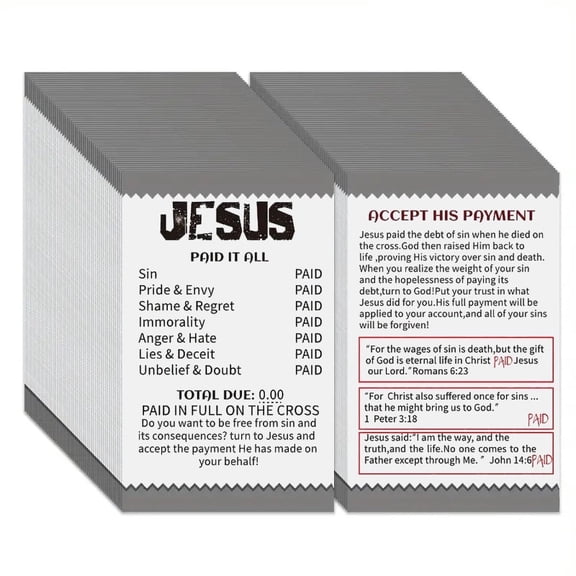100 Pcs Gospel Tract Cards Salvation Pocket Prayer Postcard Bible Verses Bookmark for Christian Gift(Jesus Paid It All)