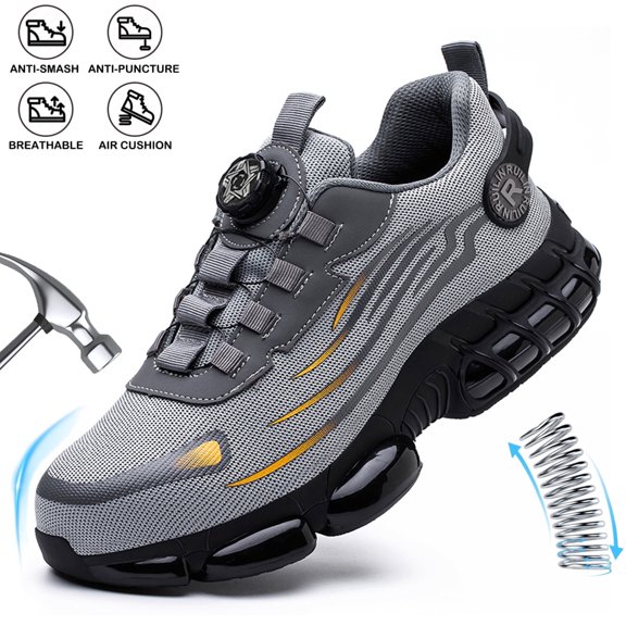 XQJ Steel Toe Shoes for Men Women Air Cushion Sneakers Lightweight Breathable Safety Work Shoes Industrial Construction Anti-puncture Safety Shoes Sneakers Grey Size 5