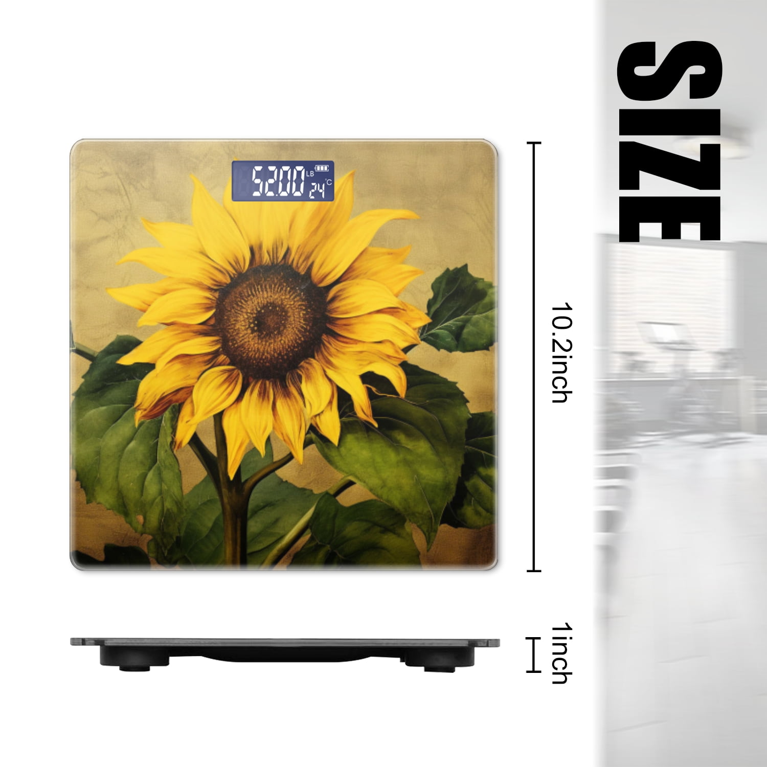 Bathroom Scale, Highly Accurate Digital Body Scale,Precisely Measures Weight up to 400 lbs-Beautiful Sunflower With Leaves On Antique Background