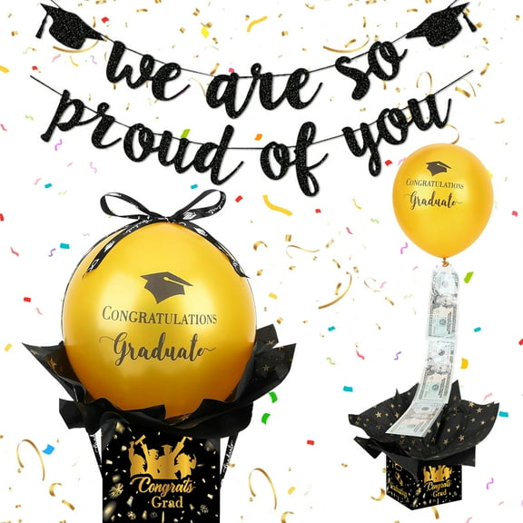 Graduation Box Graduation Money Box Graduation Card Box with Congrat Banner Balloon Gift Box for Class of 2025 Congrats Grad Party Supplies Black Gold 1