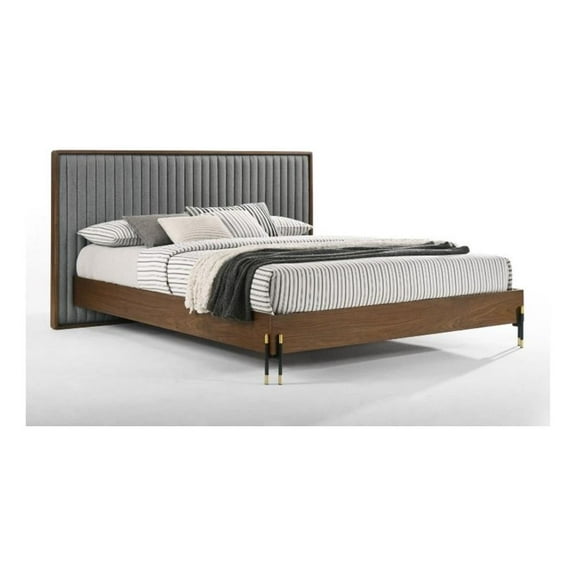 Noe Sia King Size Platform Bed- Channel Tufted Upholstery- Gray- Brown
