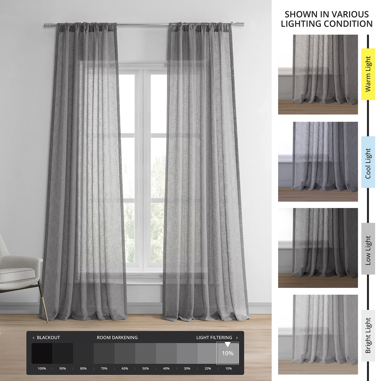 Gravel Grey Solid Faux Linen Sheer Curtain (1 Panel), Gravel Grey, 50W X 120L