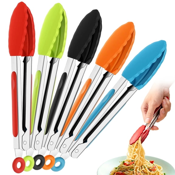 5 Pack Mini Kitchen Tongs 7" Silicone Tongs for Cooking, Small Stainless Steel Food Tong with Silicone Tips for Salad, BBQ, Bread, Buffet, Party & Kitchen Use