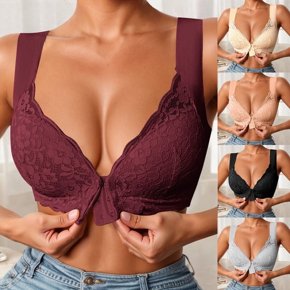 Women's Front Closure Wire Free Lace Gathering Bra (Includes Non Removable Pads) Red L