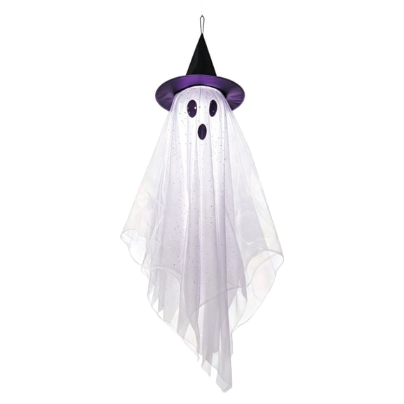Halloween Hanging Ghost with LED Lights, Spooky Floating Witch Hat Ghost, Waterproof Battery Powered Outdoor Decor for Porch Tree Yard Garden