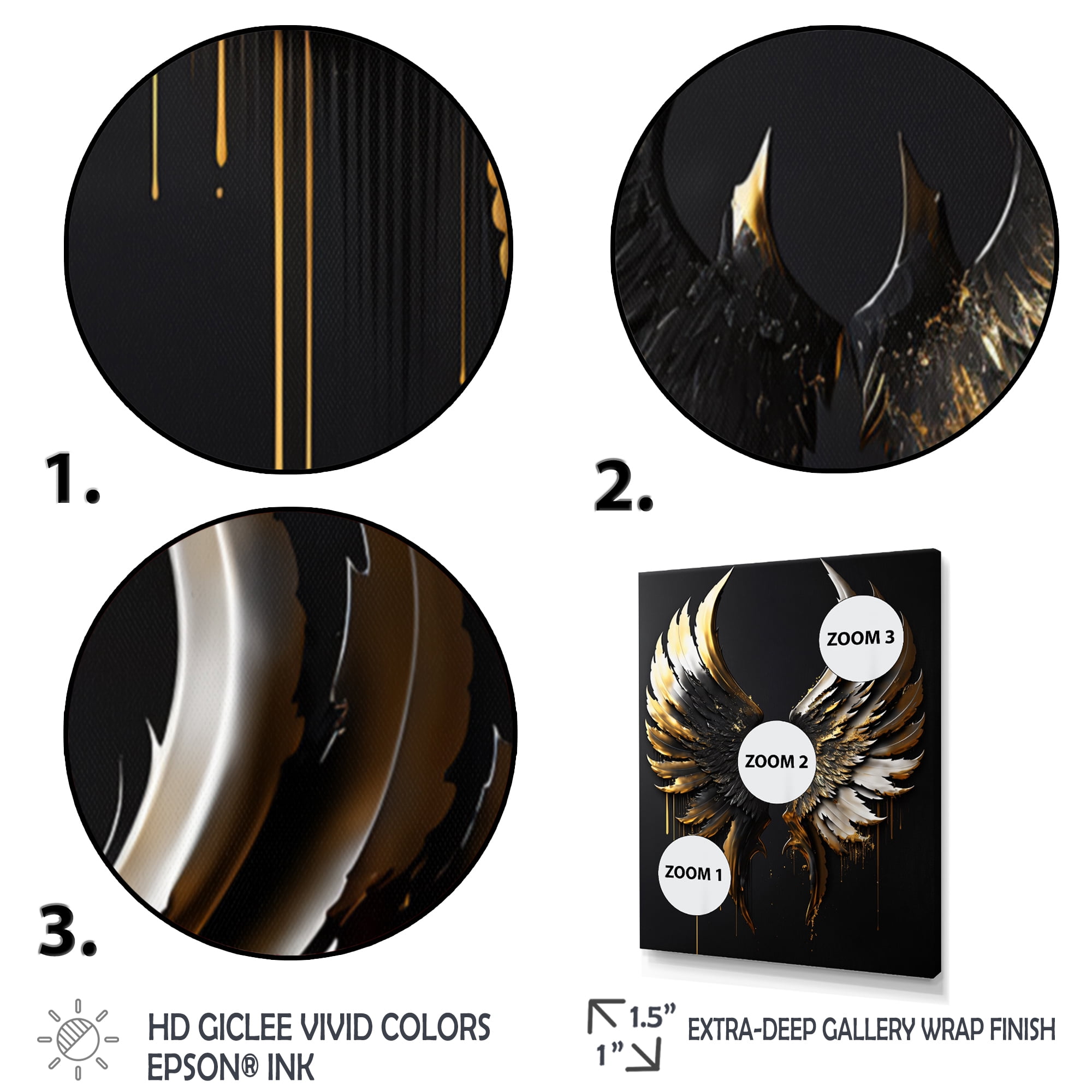 Designart Black Silver And Gold Angel Wings II Canvas Wall Art