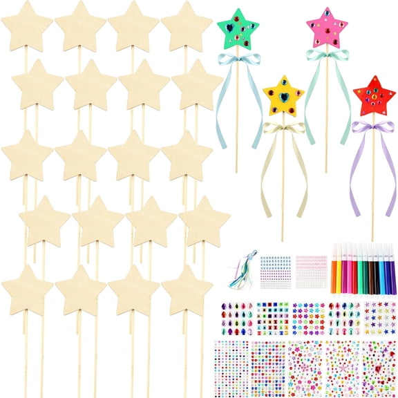57pcs Star Princess Fairy Wands Kit, Make Your Own Princess DIY Art Craft Magical Wand Including 18 Star Wooden Fairy, 9 Gem Stickers, 20 Ribbons, 10 Markers Party Supply