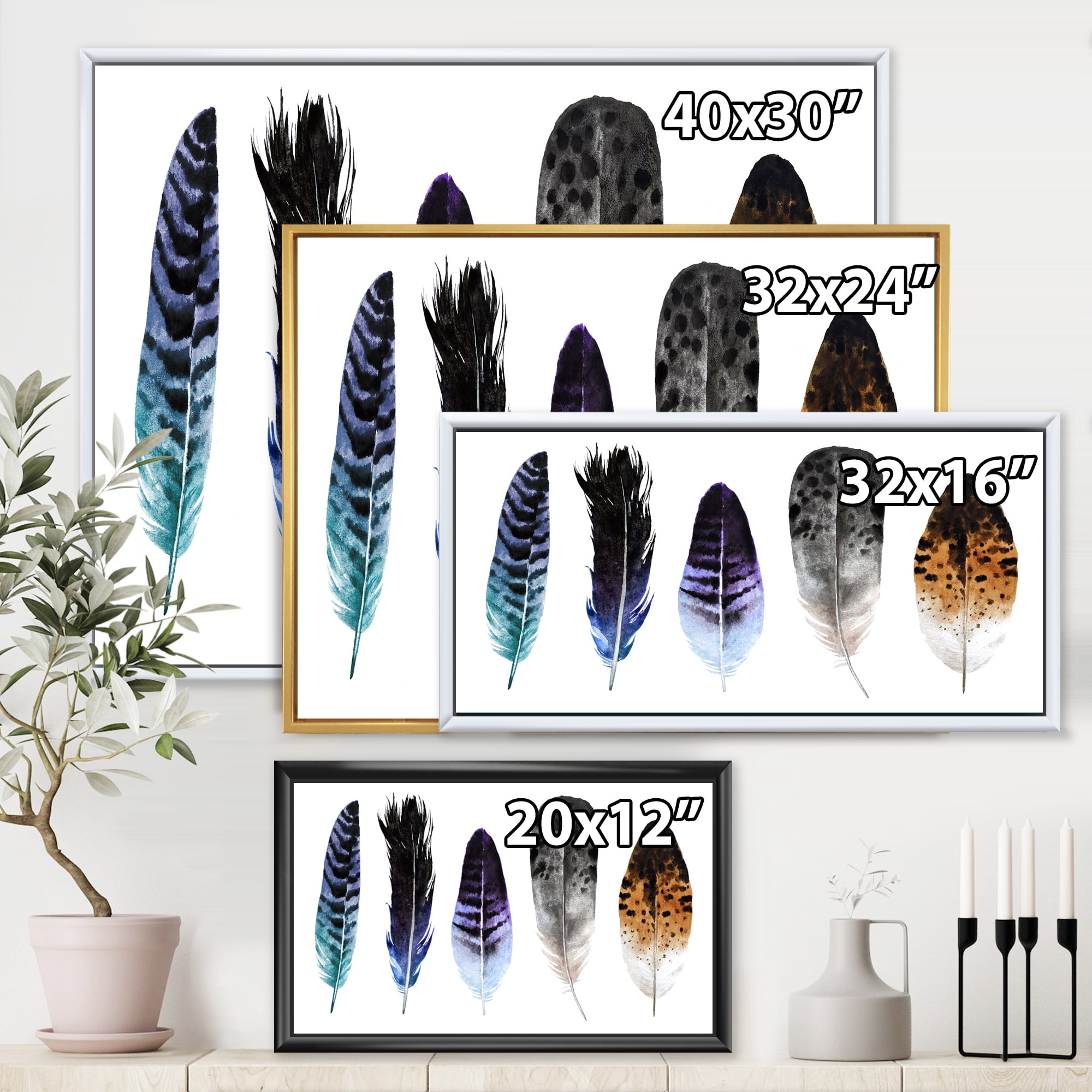 Designart 'Colourful Boho Art Feathers II' Bohemian & Eclectic Framed Canvas Wall Art Print