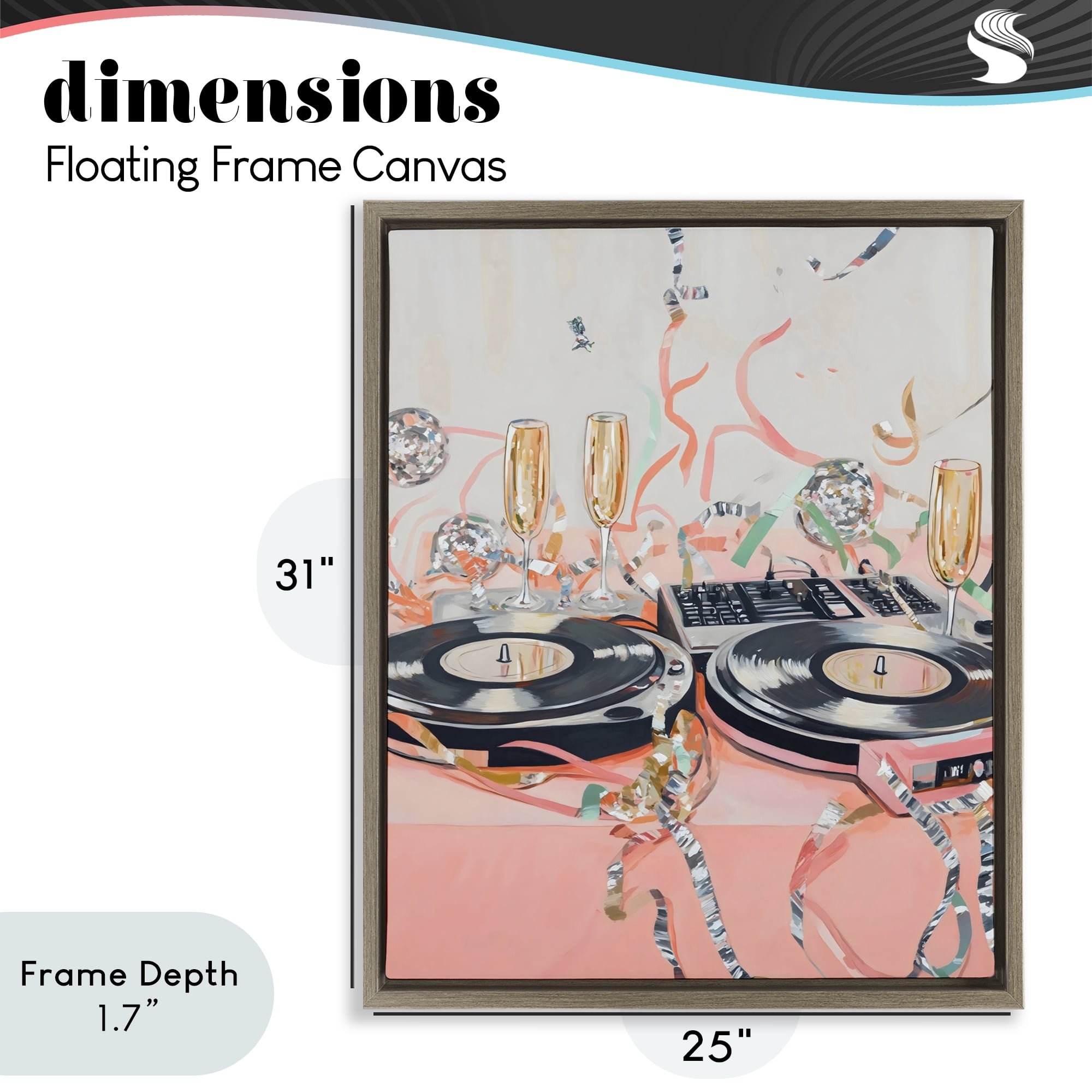 Stupell Industries Retro Turntable & Champagne Party Brown Framed Floater Canvas Wall Art, design by The Prints Vibe