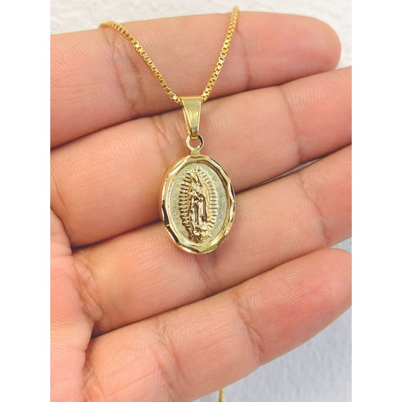 Virgen de Guadalupe Necklace in Gold Filled All Yellow Guadalupe Pendant 20x13mm / Dije de Guadalupe con Cadena Box Link para Mujer y Nios