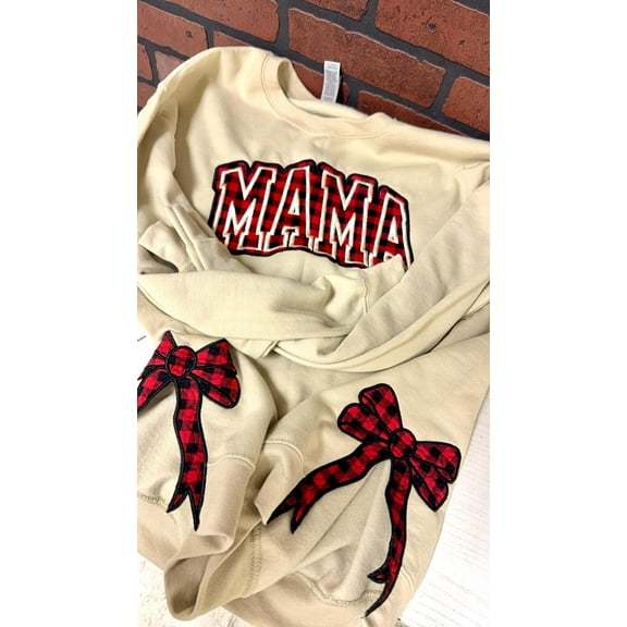 Embroidered Bow Mama Sweatshirt: Plaid Side Bow Crewneck Personalized Christmas gift for her
