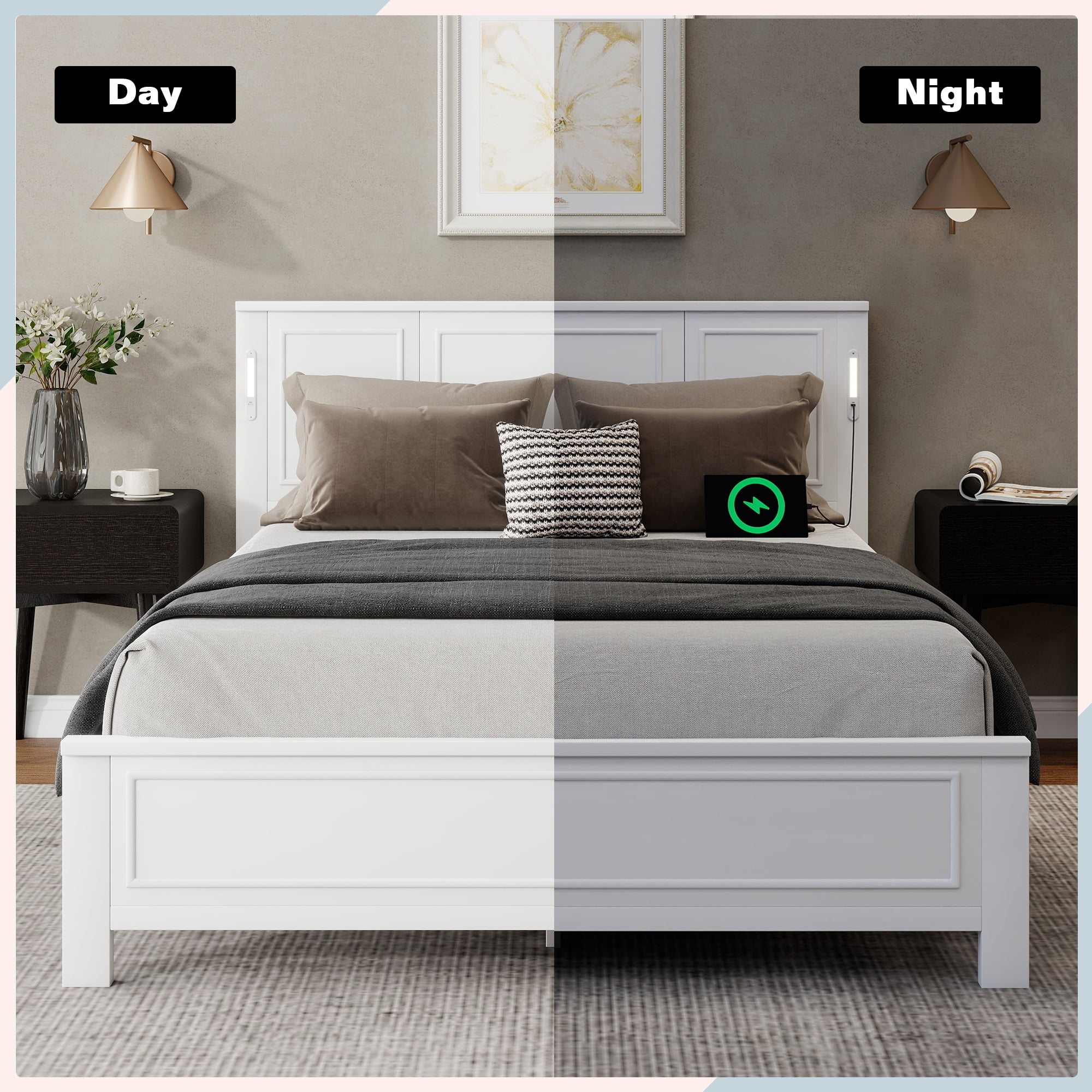 Mintazer Queen Size Bed Frame with LED Light & USB Charging Station, Modern Platform Bed with Under-Bed Storage & Tall-Panel Headboard, White