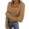 thumbnail image 2 of Otntypg Womens Long Sleeve Shirts Square Neck Tops Trendy Solid Color Ribbed Knit Basic Slim Fit Going Out Tops Fall Spring Outfits Fashion Clothes with Thumb Hole Khaki L, 2 of 10