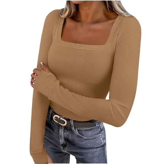 Atogsazn Women's Square Neck Blouse Casual Ribbed Knit Thermal Underwear Tunic Tops Pullover Sweater Clothing 03-Khaki L Fashion