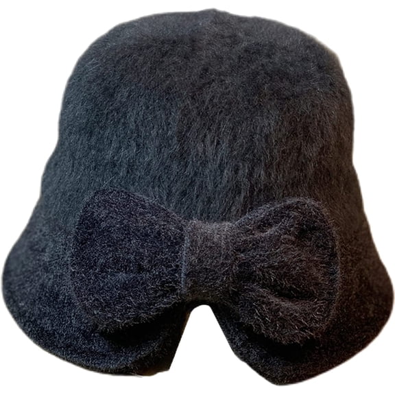 CoCopeaunts Fashion Bowknot Women's Bucket Hat Autumn Winter Fuzzy Warm Hat Solid Color Wide Brim Ponytail Basin Hat for Girl