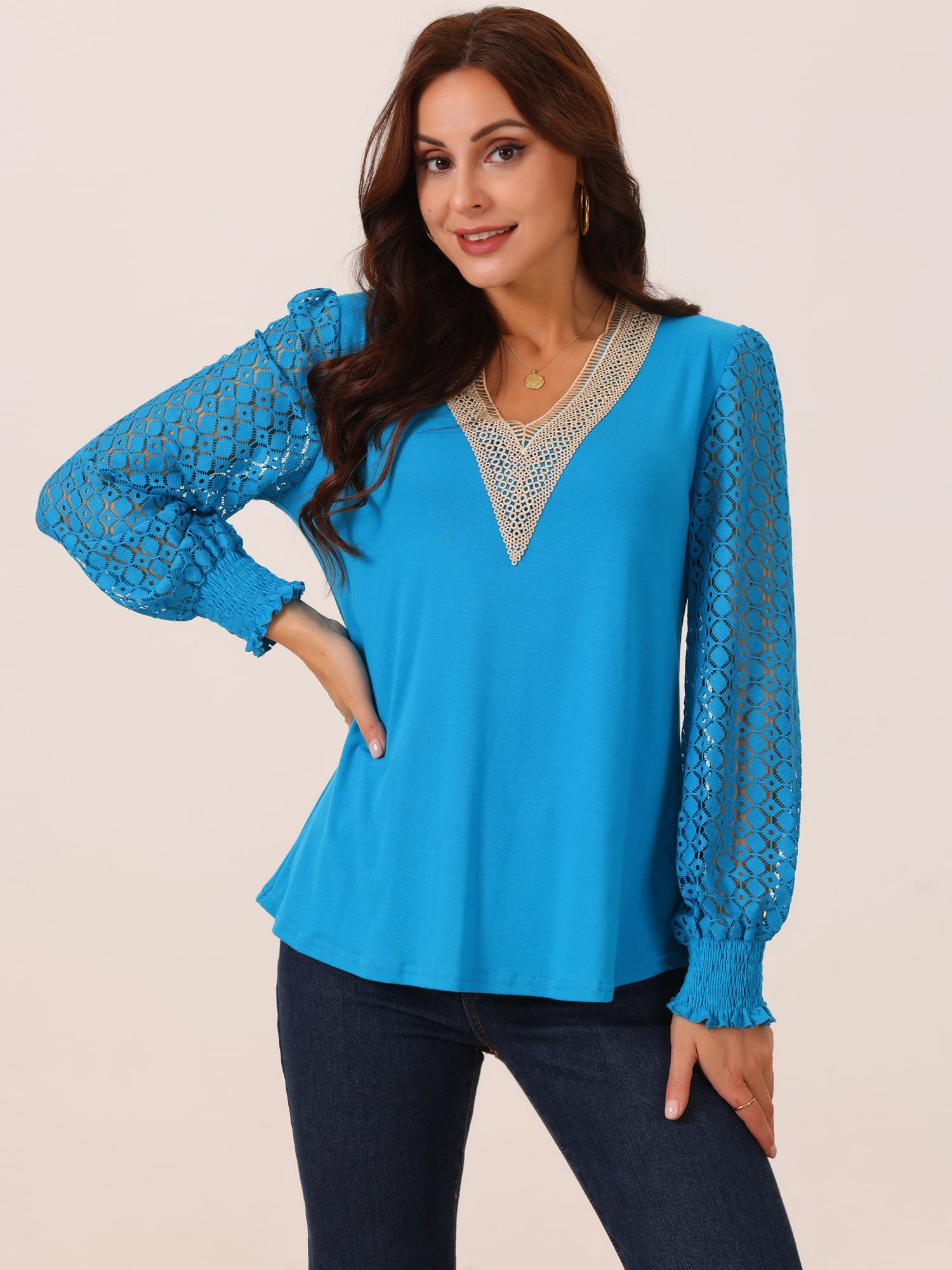 DARING DIVA Women's Lace V Neck Tops Mesh Long Sleeve Fashion T Shirt XL Blue